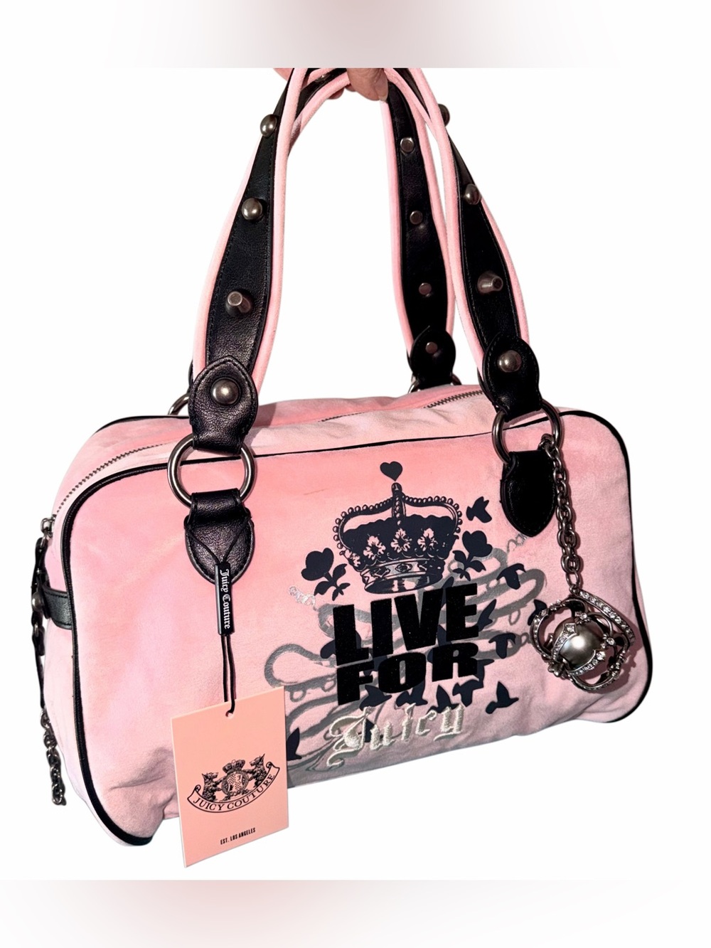 Juicy Couture Pink Velour Live for Juicy Crown Logo Satchel Bag
